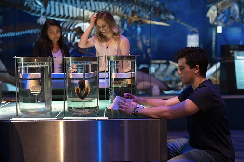 Three people looking at jars of creatures in a museum