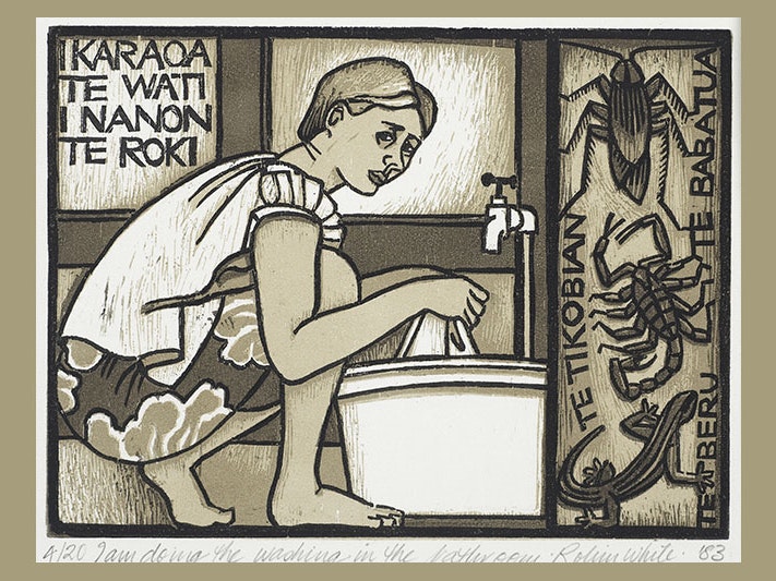 Robin White, I am doing the washing in the bathroom. 3. From: Beginners’ guide to Gilbertese, 1983, woodcut. Purchased 1983 with Ellen Eames Collection funds. Te Papa (1983-0015-1/3-5) Woodcut print of a women washing her clothes
