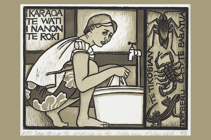 Woodcut print of a women washing her clothes