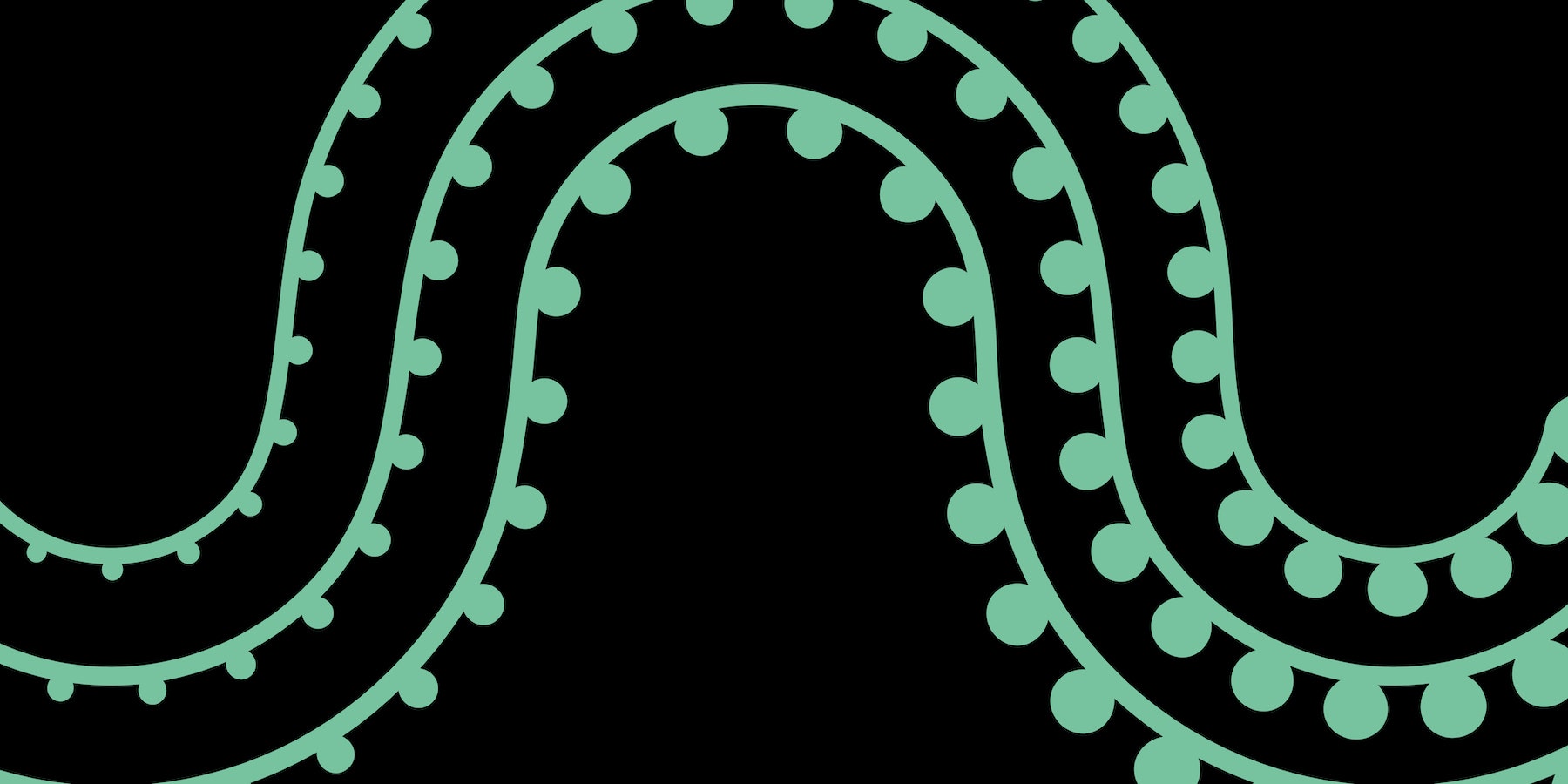 Mint green swirling lines with dots attached to them on a black background