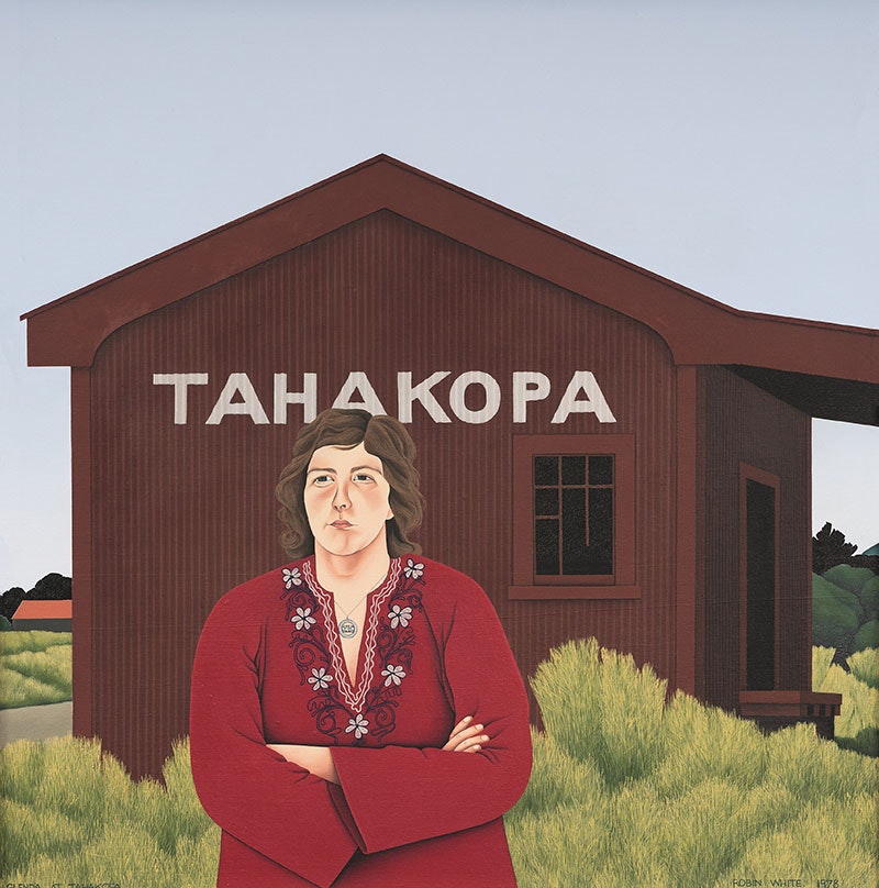 Painting of a woman standing in front of a rural train station. The station is made of corrugated iron and painted brown. The woman stands with her arms crossed, wearing a red dress with a floral design around its swooping neck line