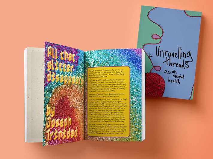 Front cover of Unravelling threads: Asian mental health zine, 2022. Te Papa Mockup of the Unravelling threads: Asian mental health zine showing its cover and two open pages