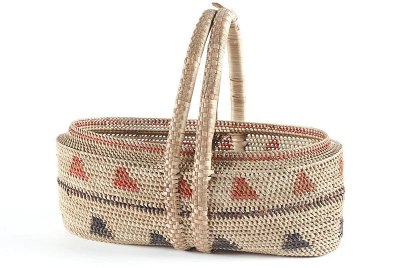 A woven basket sitting on a white background