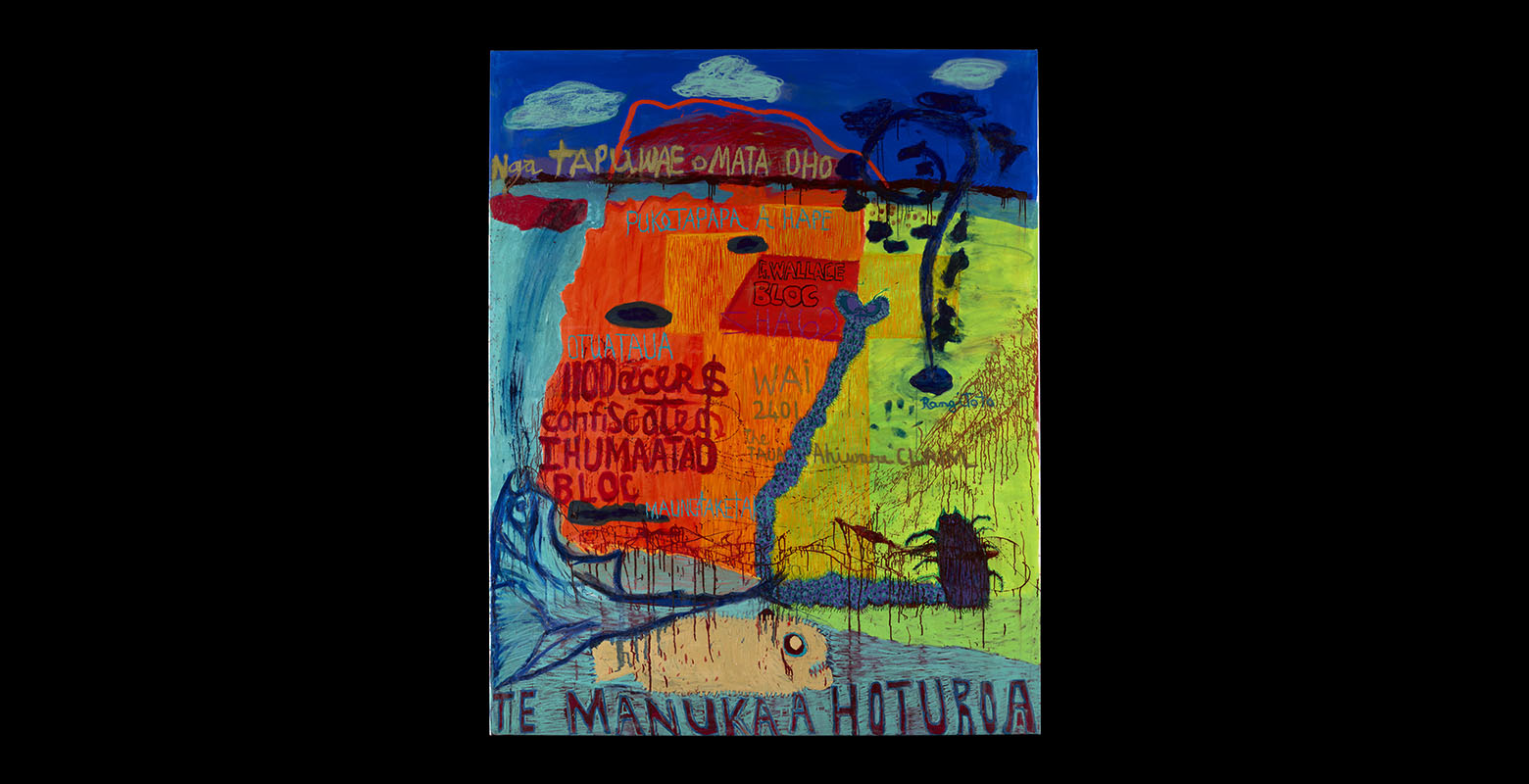 Mixed media abstract landscape painting: royal blue sky and clouds; red mountain; green and orange patchwork land with koru-shaped tree; blue sea with a cream, sea-like creature. Words, phrases and unidentified shapes are painted across the canvas.