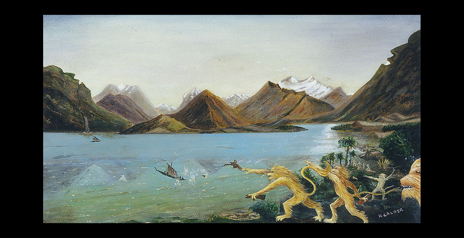 Painting of a sound, with mountains in the background. The two mountains flanking the edges appear to be faces looking skyward. In the foreground, lion-like creatures throw objects toward ships in the water