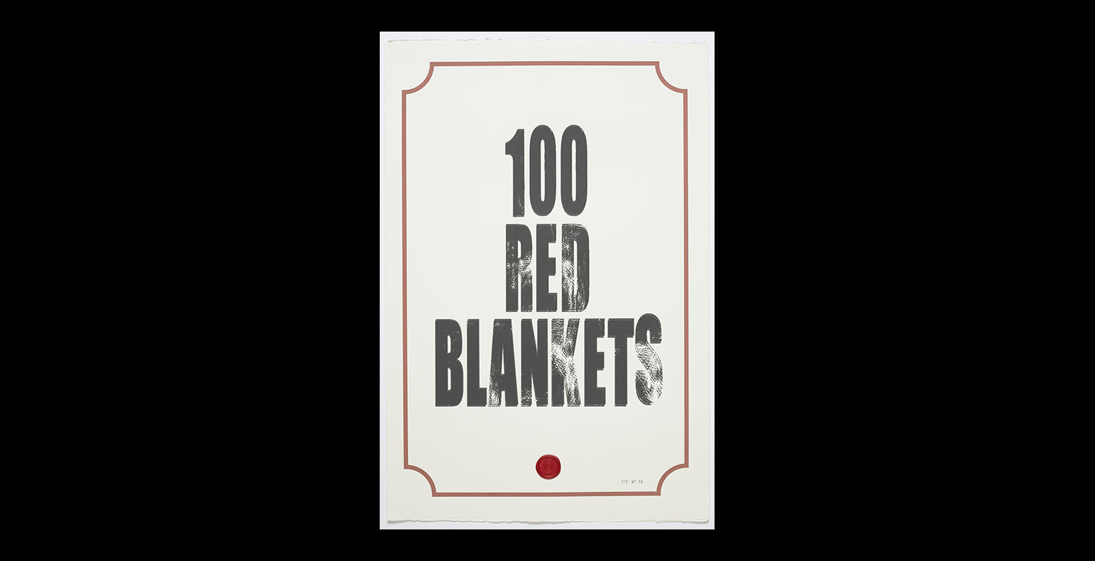 Poster, with the text “100 red blankets” printed in bold capital letters in the middle. The poster has a red frame in it and a red wax seal