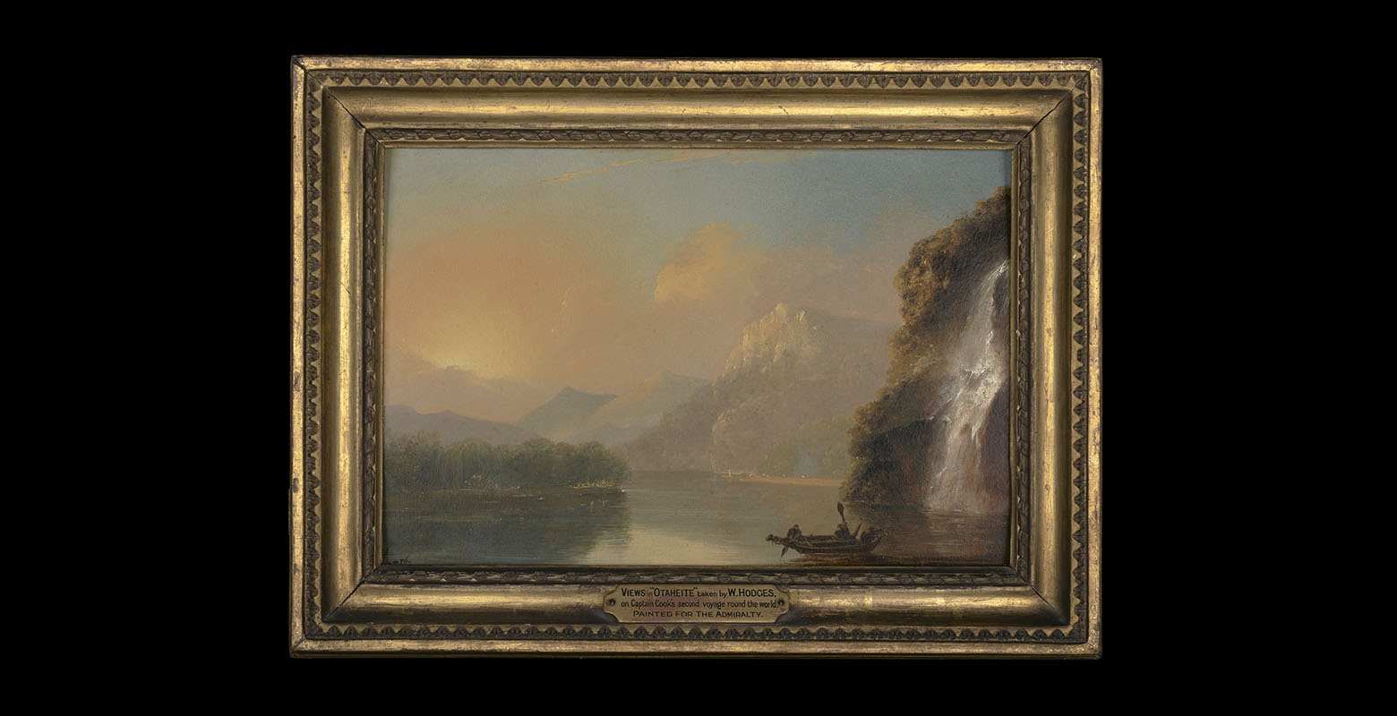 Painting of Dusky Sound | Tamatea. It depicts a body of water, a waterfall flowing from out of frame on the right, and a sun setting behind the mountains on the right. A canoe with people in it is on the water in the foreground