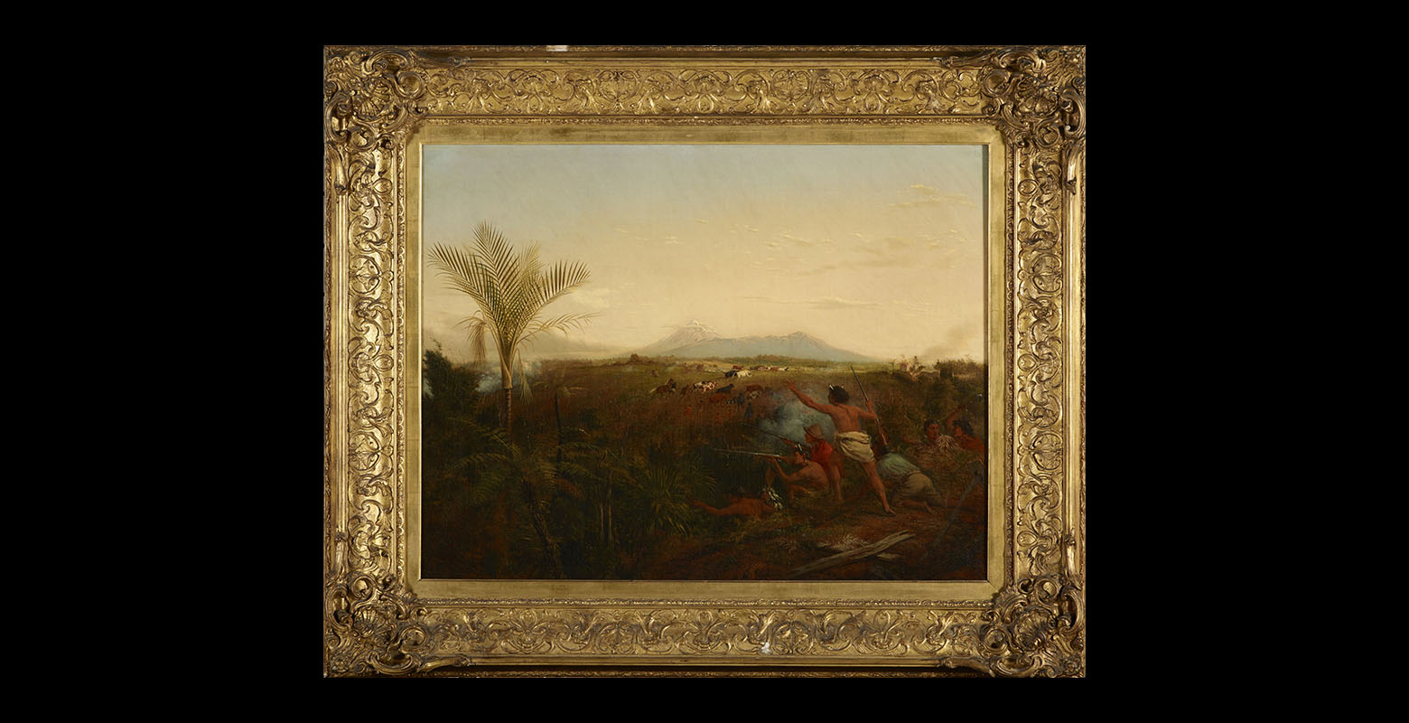 Painting of Mt Taranaki with Māori people in the foreground firing their weapons at cattle in the distance