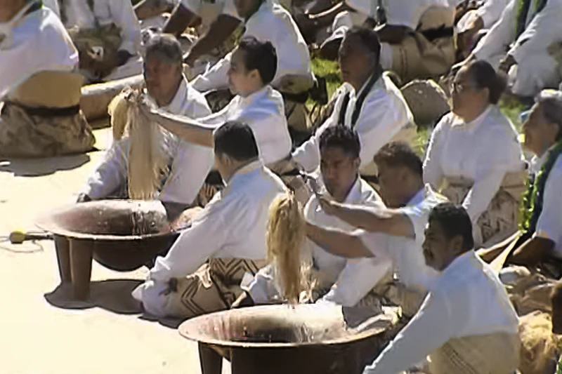 Men sitting on the ground outside performing a ceremony with kava