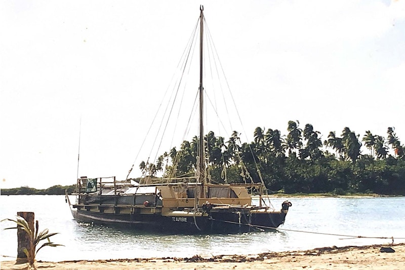 A double-hulled canoe tied to the shore