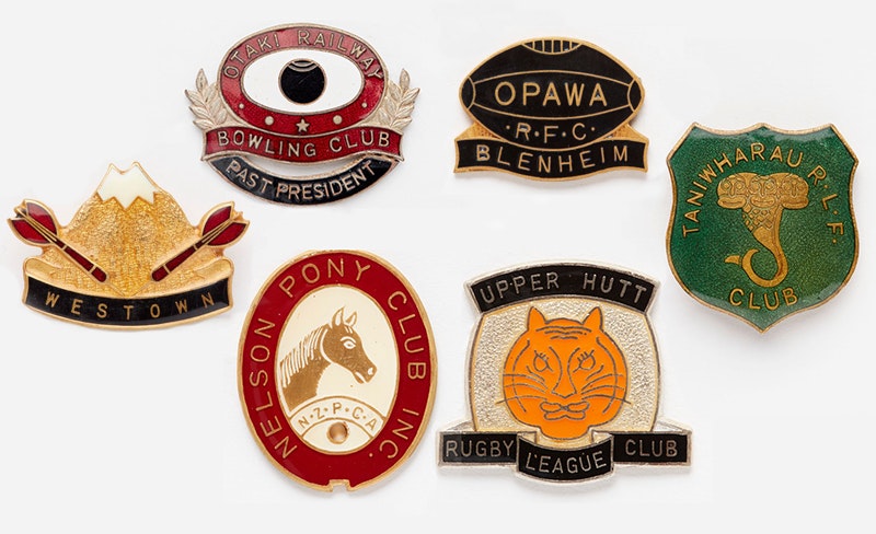 A selection of 6 sports badges depicting, horseriding, bowls, rugby, rugby league