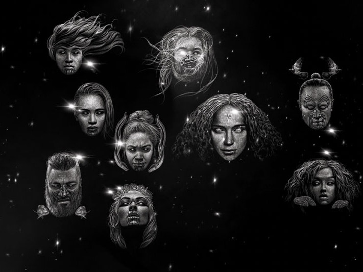 Ngā whetū o Matariki, 2016. Image by Te Haunui Tuna, courtesy of Rangi Mātāmua Illustration of nine faces representing the nine stars of Matariki