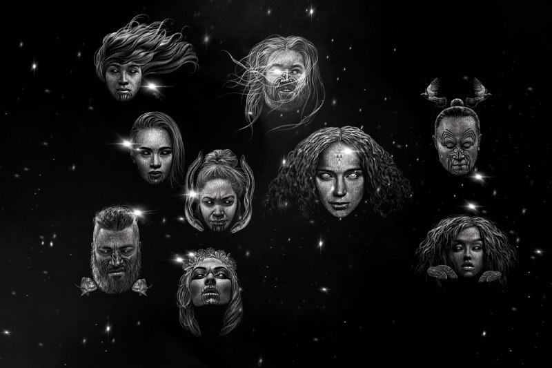 Illustration of nine faces representing the nine stars of Matariki