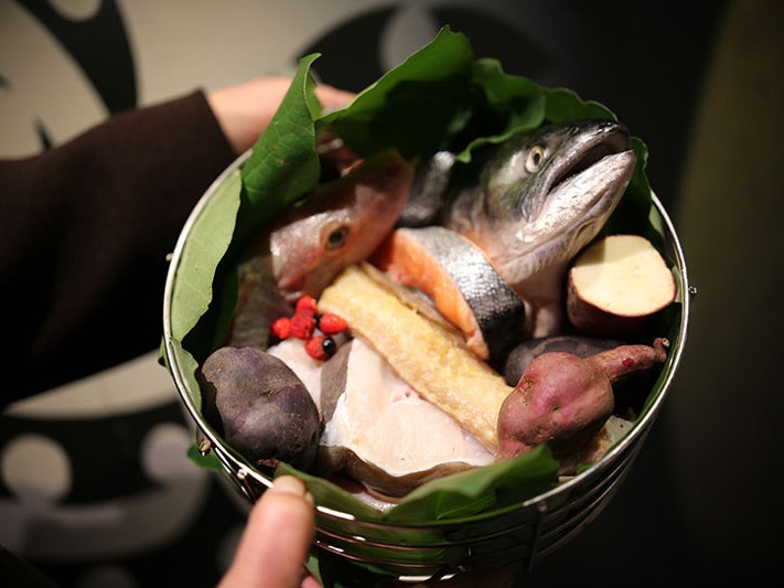 Kai (food) at Te Papa’s Matariki hautapu, 2 Jul 2021. Photo by Wiremu Grace. Te Papa A bucket full of kūmara, salmon, fish, and other vegetables