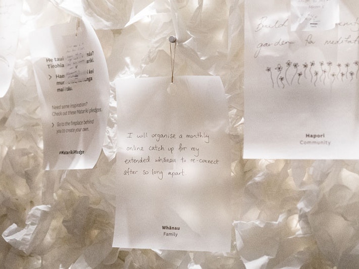 Mānawatia a Matariki, 2022. Photo by Erica Sinclair. Te Papa (211125) Photograph of a note pinned to a wall. The wall is decorated with white crumpled tissue paper to resemble clouds. The note says: I will organise a monthly online catch up for my extended whānau (family) to re-connect after so long apart