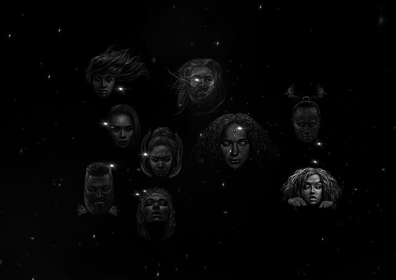 Illustration of nine faces representing the nine stars of Matariki, one of the faces is brighter than the others.