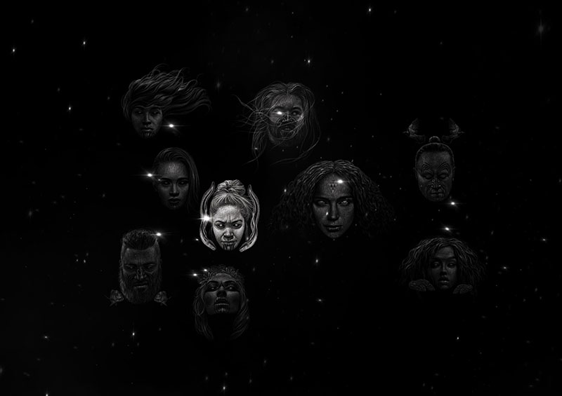 Illustration of nine faces representing the nine stars of Matariki, one of the faces is brighter than the others.