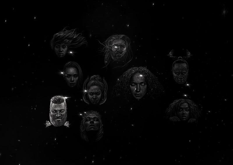 Illustration of nine faces representing the nine stars of Matariki, one of the faces is brighter than the others.