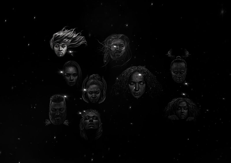 Illustration of nine faces representing the nine stars of Matariki, one of the faces is brighter than the others.