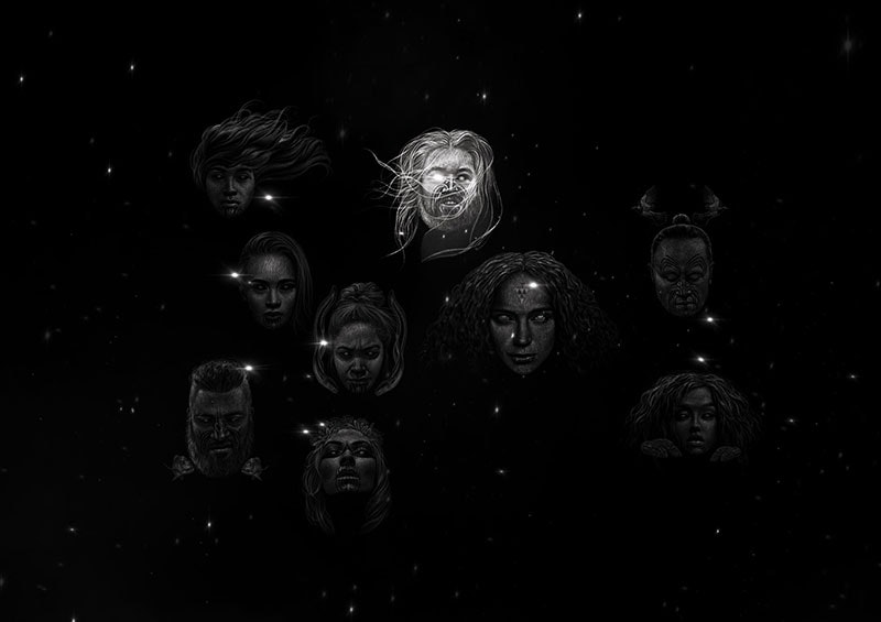 Illustration of nine faces representing the nine stars of Matariki, one of the faces is brighter than the others.