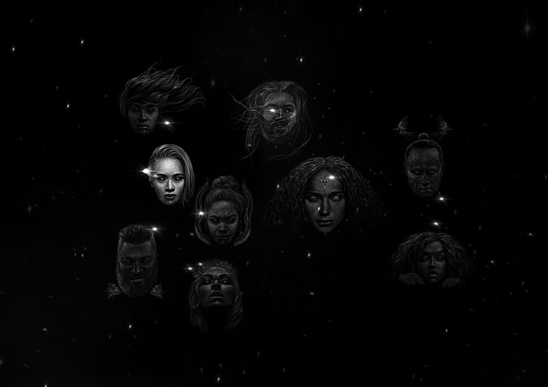 Illustration of nine faces representing the nine stars of Matariki, one of the faces is brighter than the others.