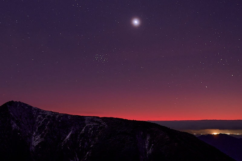 View of the Matariki star cluster at sunrise in a dark night sky