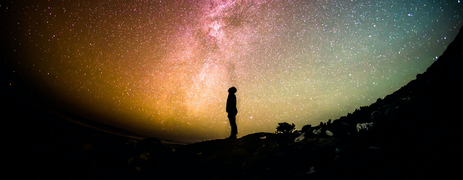 A man looking up towards the starry sky