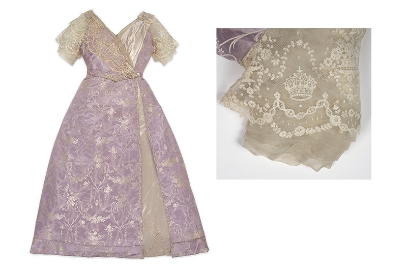 A dusky pink dress with lace trimming. There is an inset image of detail of the lace which has been worked into a crown