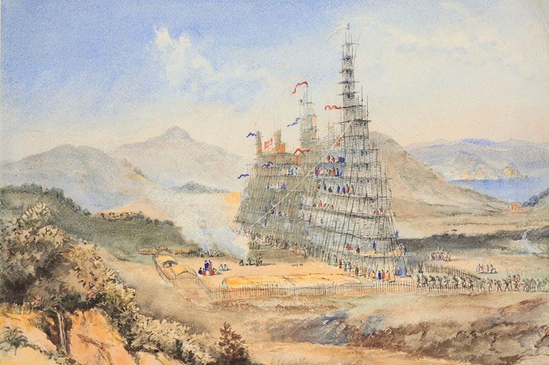 A painting of a landscape scene with a very large structure that looks a bit like a sailing ship sitting in a valley. There are very small people climbing on it and standing on the ground around it.