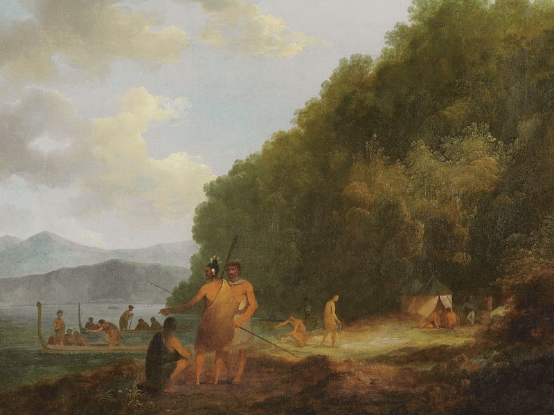 Painting of Māori trading with British sailors