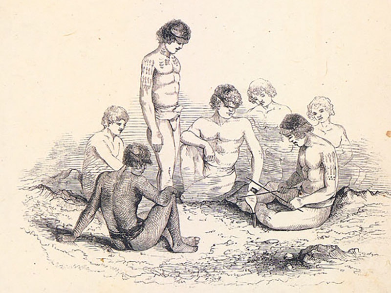 Illustration of a group of men preparing to tattoo