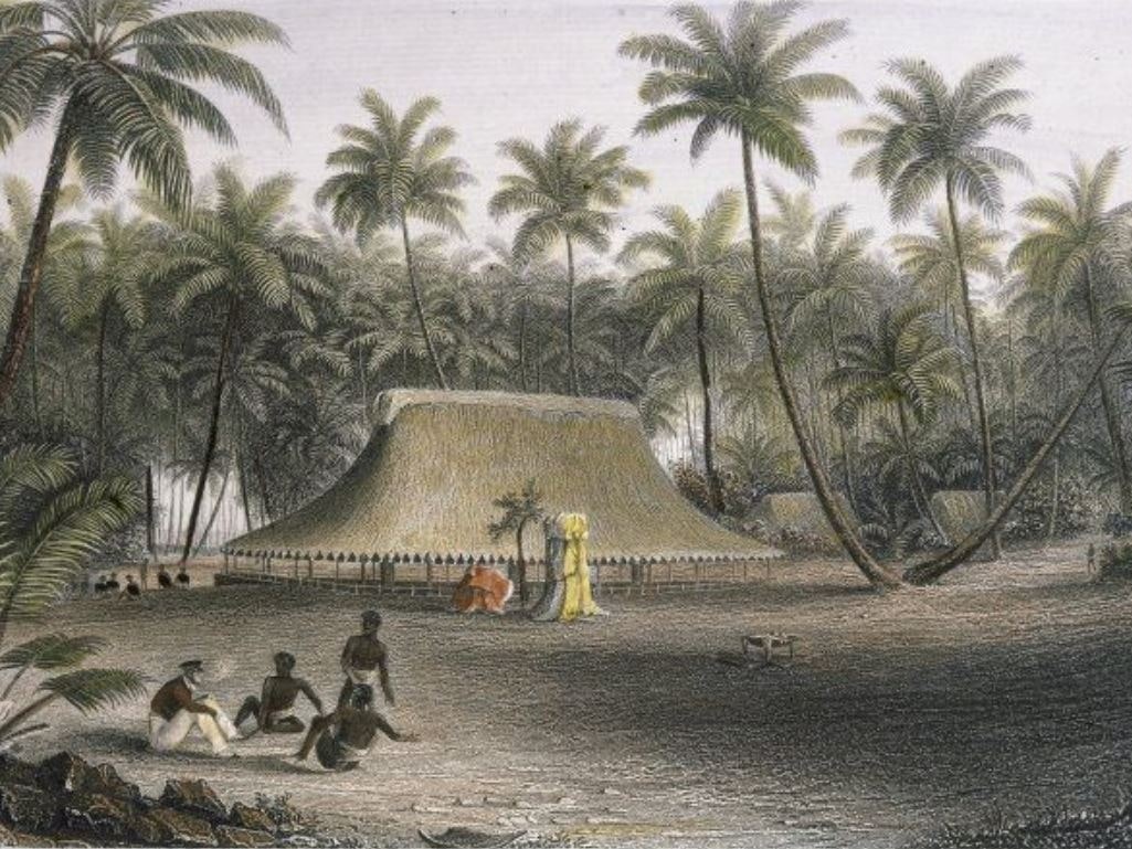 Agate, Alfred T, 1812-1846. Cocoanut grove at Fakaafo or Bowditch I. Ref: A-282-007. Alexander Turnbull Library An illustration of men sat on the, palms and a hut in the background