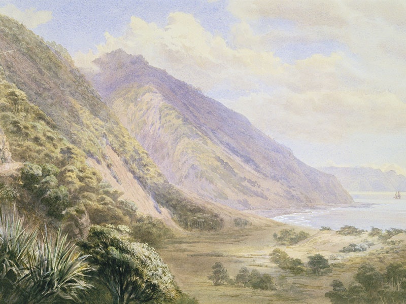 Watercolour painting of a coastline