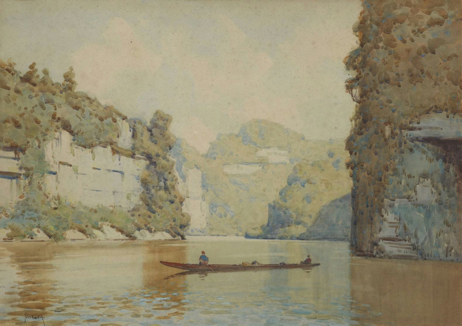 Watercolour of a river and a boat