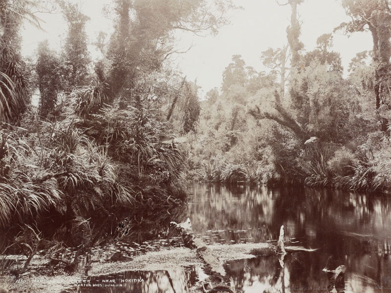 Black and white photo of a river in dense bush