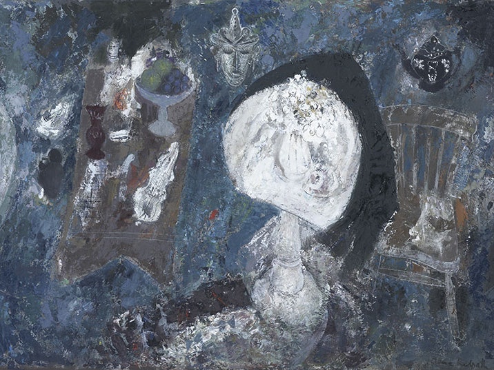 Anne Redpath, Studio, 1959, oil on board. CC BY-NC-ND 4.0. Te Papa (1961-0009-1) An abstract painting dominated by the colour blue. A white table with white flowers floats in the middle of the frame, flanked on the left by an austere brown chair and on the right by a large table with a bowl of fruit and various other things on it