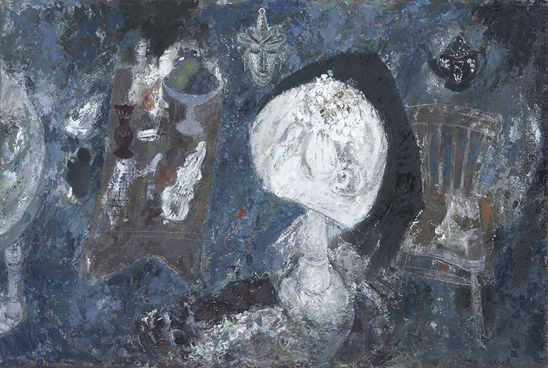 An abstract painting dominated by the colour blue. A white table with white flowers floats in the middle of the frame, flanked on the left by an austere brown chair and on the right by a large table with a bowl of fruit and various other things on it