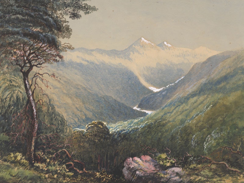 Painting of mountains with a glacierRolleston Glacier, New Zealand Alpes, 1895, New Zealand, by F M Tamar. Acquisition history unknown. Te Papa (1992-0035-1882)
