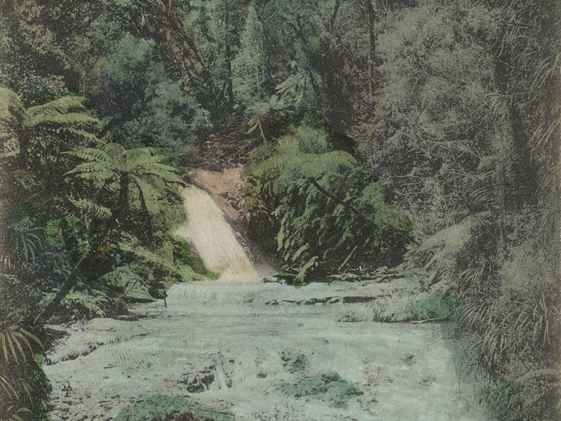 Watercolour picture of a small waterfall in the forest