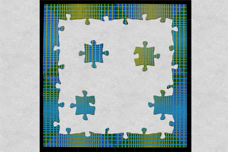 Blue and green colours in a square with jigsaw pieces showing and space around them.
