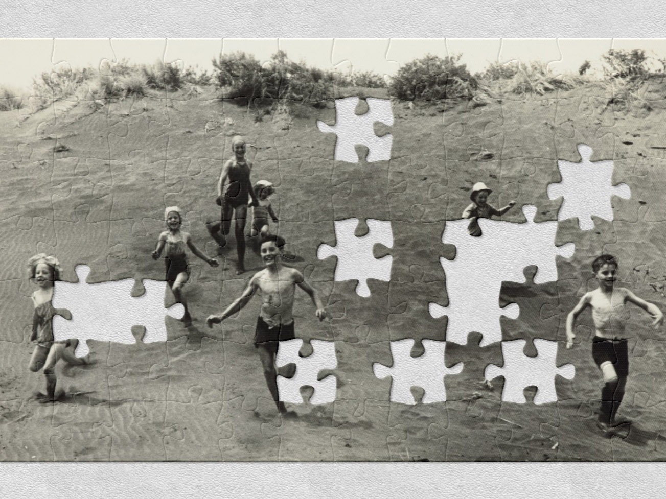Children running on the sand, Piha, about 1942, North Island, by Eric Lee-Johnson. Purchased 1997 with New Zealand Lottery Grants Board funds. CC BY-NC-ND 4.0. Te Papa (O.006819) Seven children running down a sand dune