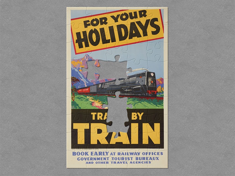 Poster, ‘For Your Holidays’, about 1940, New Zealand, by New Zealand Railways Publicity Branch, E Paul. Te Papa (GH015813) Illustrated tourism poster featuring a train in the country with mountains in the background. Text on the poster reads ‘For your holidays travel by train’