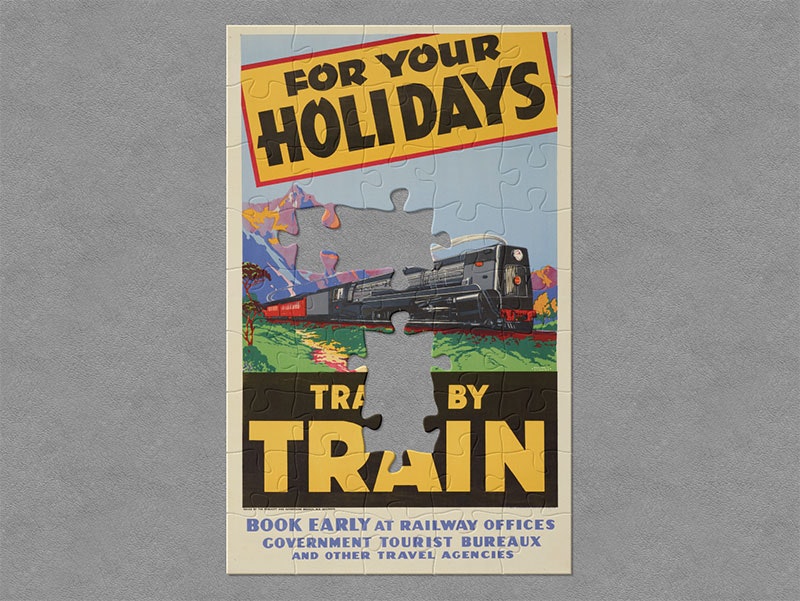 Illustrated tourism poster featuring a train in the country with mountains in the background. Text on the poster reads ‘For your holidays travel by train’