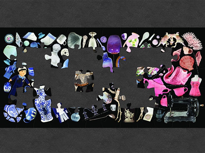 Kerry Ann Lee, Knowledge on a beam of starlight (panel 3), 2014, found images and questions, vinyl, commissioned 2014. Te Papa (MA_I.342631) A collage comprising of objects from Te Papa’s collections, organised by colour and shape