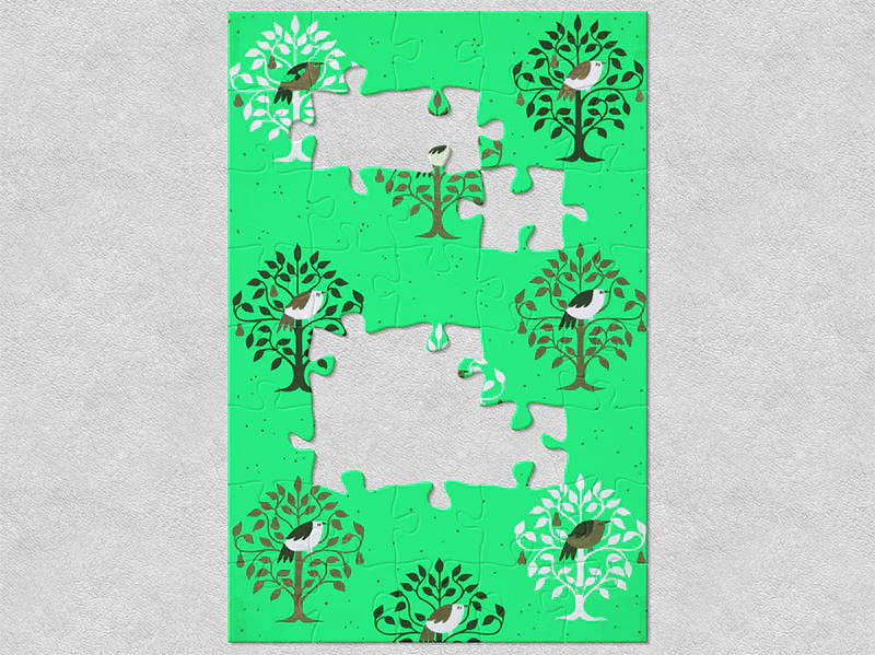 Illustration of birds in pear trees on green paper