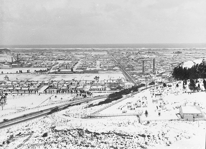 Overview of Dunedin under a heavy blanket of snow