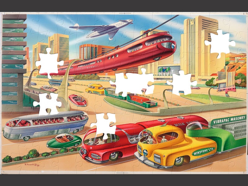 Puzzle of a bright colourful painting of high buildings, trains in the sky, and long vehicles