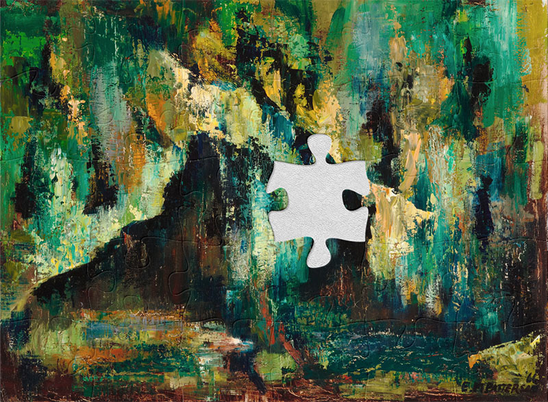 Abstract oil painting of incredibly rich colours, especially green, of what could be interpreted as a cave