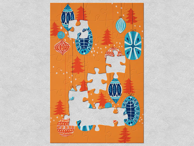 Illustration of Christmas ornaments – some blue and white, others orange and white – with an orange background and dark orange Christmas trees