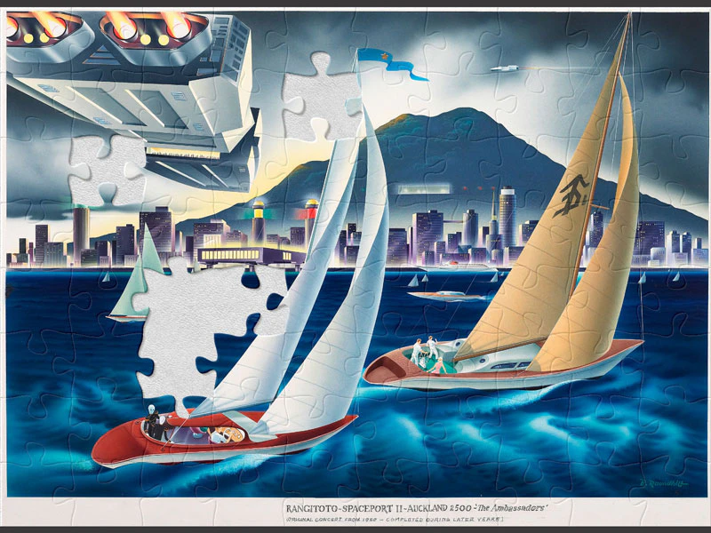 Puzzle of a colourful painting of sailing boats and spaceships with a volcano in the distance